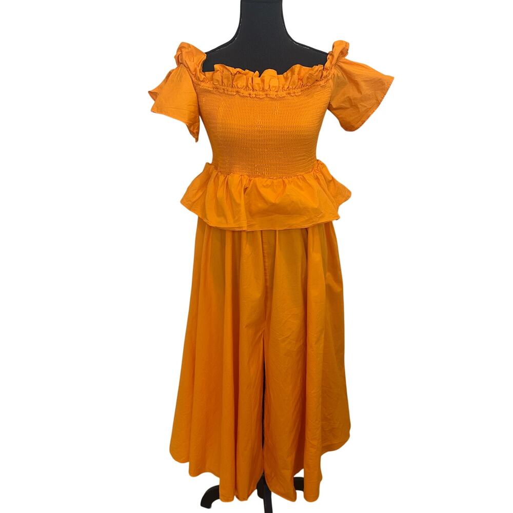 Toccin Orange Midi Dress SMALL Smocked Cottage Ruffle Cotton Designer $500 - Picture 8 of 11